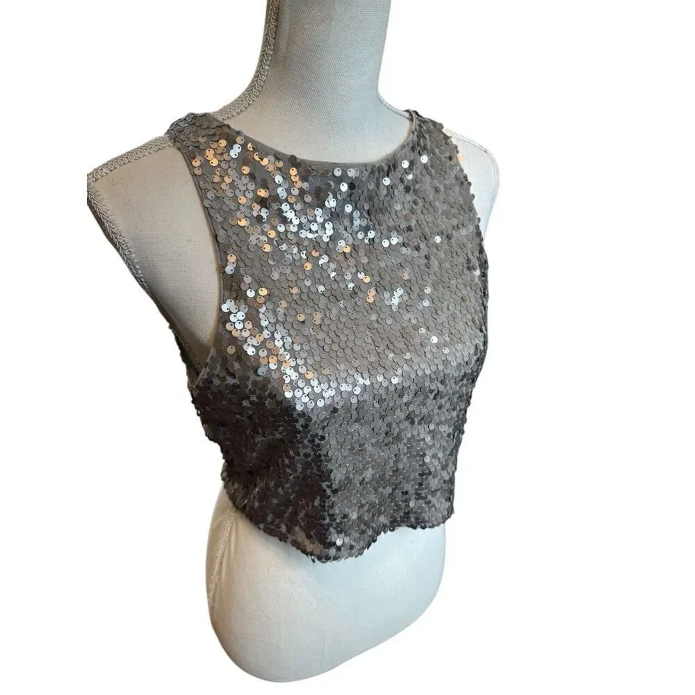 Express Sequin Crop Sparkly Tank Top Grey & Silver Sequin Y2K